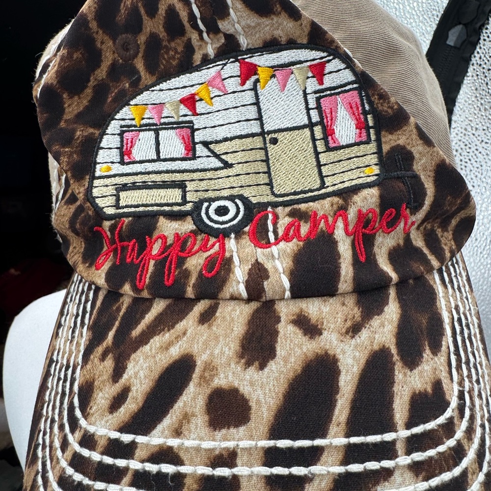 Happy Camper Trucker Hat Retro Leopard Camper Baseball Cap